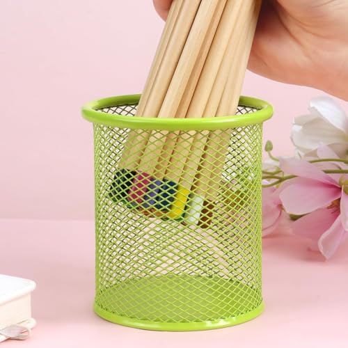 Image of Metal Mesh Pen Stand for Office & Home Desk | Black Stationery Holder Organizer for Pens, Pencils, Markers, Makeup Brushes | Durable Round Wire Mesh Pen Stand (Pack of 1) (green)