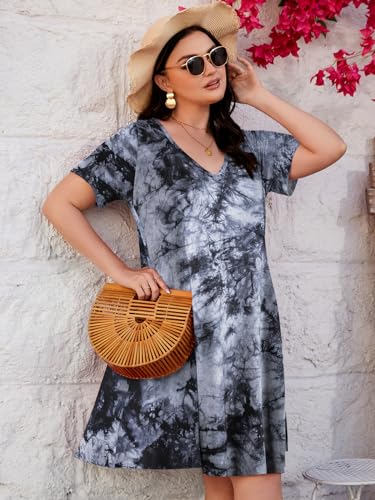 Image of ZENNILO Women's Plus Size Swing Dress with Pockets Casual Summer Dresses V Neck Short Sleeve T Shirt Dress for Women