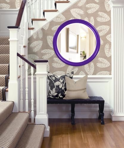 Image of Howard Elliott Collection George Round Glossy Royal Purple Wall Mirror, Bevelled Vintage Hanging Wood Framed Vanity Mirrors for Home Decor, Living Room, Bathroom, Bedroom, or Hallway, 36 Inch Round