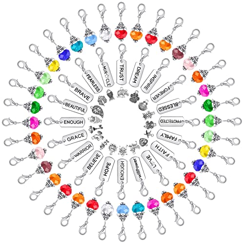 110 Pieces Crystal Dangle Charms Pendants Bracelet Charms Set Inspiration Word Charms Glass Drop Dangle Beads Charms Mixed Silver Metal Charms for Jewelry Making Charms Zipper Pull Charm DIY Crafting