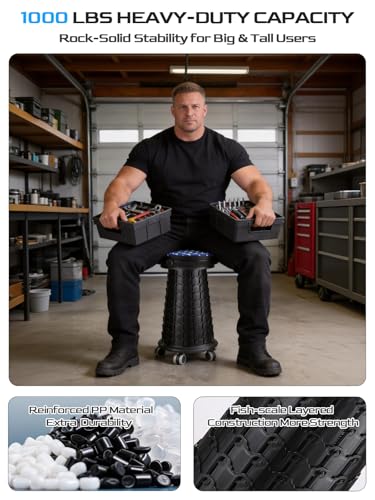 Image of 2026 Upgraded 3XL Rolling Collapsible Stool with Wheels | 1000lbs Capacity, 24-in Taller & 13-in Wider Retractable Stool for Adults, Thick Swivel Cushion & 5 Silent Casters, for Home, Garage, Kitchen