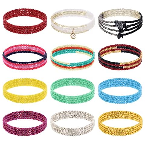 Taouzi Waist Beads With Crystals Handmade Elastic African Waist Chains Boho Colorful Beads Body Chains Summer Beach Jewelry for Women 12 Pcs Color 6 Cover