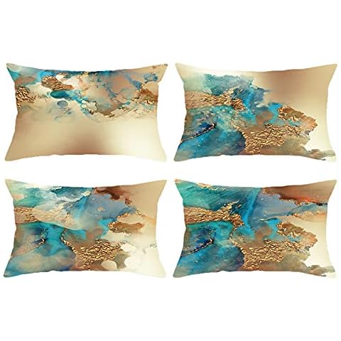 HOSTECCO Gold Throw Pillow Covers 12x20 Inch Set of 4 Teal Pillow Covers Turquoise Cushion Covers for Sofa Couch Office Cover