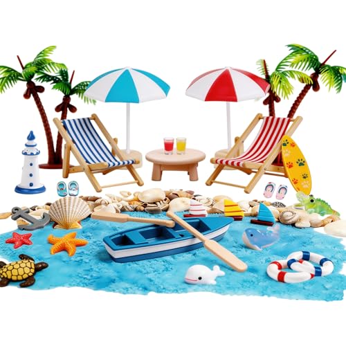 34 Stück Strand-Mikrolandschaft Miniatur Set Strand Deko Miniatur Zubehör Set mit Liegestuhl Deko Sonnenschirm Kleine Palme & Segelboot für DIY Zen Garten Geldgeschenk & Sommer Deko