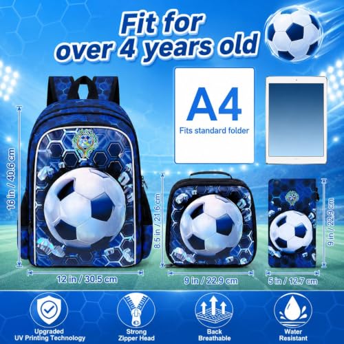 Image of CCJPX 3PCS Football Backpack for Boys, 16 Inch Kids Water Resistant Preschool Bookbags with Lunch Box, Cool Elementary School Bag for Kindergarten Toddler