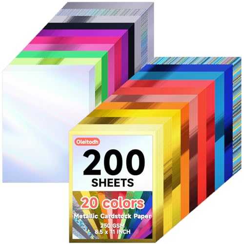200 Sheets Metallic Mixed Cardstock Paper Bulk 20 Colors Foil Board Paper 8.5 x 11 Mirror Finish Surface Assorted Mixed Glitter Paper 250gsm for Crafting Card Making Invitations Decorations