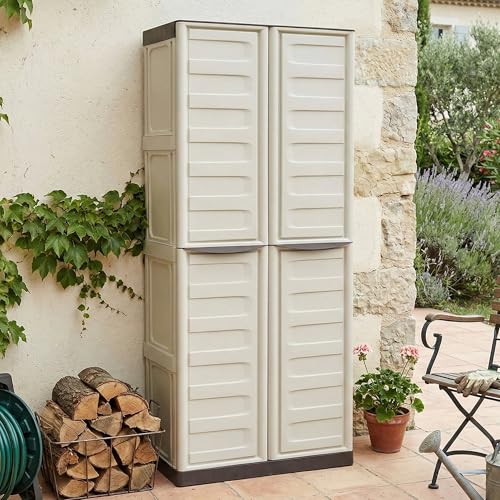 Dmora - Armoire d'extérieur Marchin, Armoire de balcon polyvalente, Armoire d'extérieur 2 portes, 100% Made in Italy, Beige et Marron, Finition Rayée, 70x39h165 cm