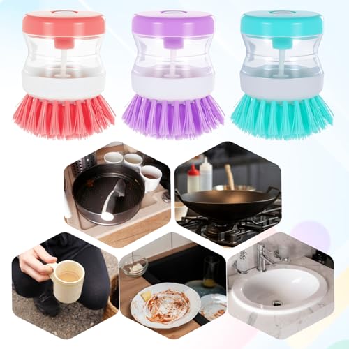 Image of ElevateTech Dish Brush with Soap Dispenser, 3 Pcs Soap Dispensing Brush Dish Soaps Scrubber Brushes Kitchen Scrub Brushes for Cleaning Dishes Pot Pan Sink (Pink /Purple /Green)