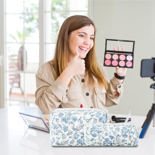 2Pcs Floral Makeup Bag for Women Cotton Quilted Small Coquette Cosmetic Bag Cute Zipper Blue Flower Makeup Pouch Aesthetic Portable Pencil Case Travel Toiletry Bag Trendy Cloth Skincare Bag2