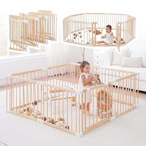Image of GGF Wooden Playpen & Play Yards for Babies and Toddlers, Foldable Wood Baby Play Fence with Locking Gate, Kids Activity Area Center Indoor Outdoor,79 * 71inch, Light Pine