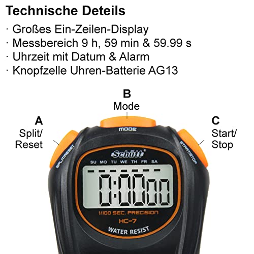 Schütt Stoppuhr HC-7 | Digitale Multifunktions-Stoppuhr mit großem Display | Einfacher Batteriewechsel | Guter Druckpunkt | Hobby | Sport | Freizeit | Spritzwasserfest | Für Kinder geeignet