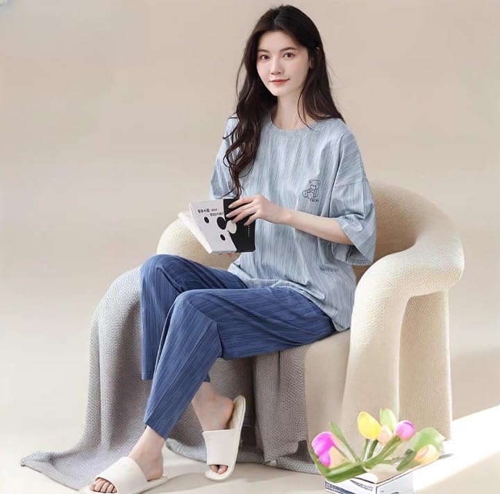 Image of Celary Women's Korean Night Suit Set | Round Neck Full Sleeve Top & Printed Ankle Length Pyjama | Skin-Friendly Fabric Soft Breathable Stretchable Loungewear | M to 2XL