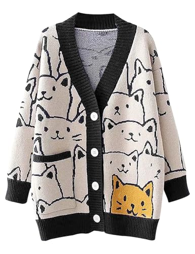 Image of Gihuo Women Cat Sweater Oversized Cute Kawaii Cardigan Knit Graphic V Neck Loose Fit Long Sleeve Cardigan Coat