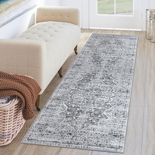 KUTA Hallways Runner Rug 2x6 Grey White, Vintage Floral Rugs Non-Slip Washable Kitchen Runners Soft Printed Retro Flower Entryway Carpet for Bedroom Laundry Entryway Hallway