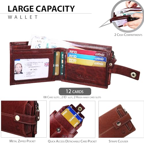 Image of Crafted RFID Safe Leather Wallet for Men /Women, Bifold Trendy, Full Grain with Card Holder and Zipper Coin Pocket