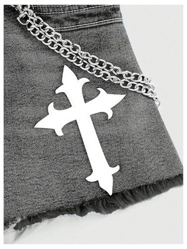 WDIRARA Women's Goth Letter Spiderweb Cross Print Denim Mini Skirt Grunge Punk Chain High Waisted Jean Skirts4