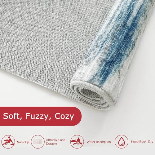 KOZYFLY Modern Abstract Kitchen Runner Rug, 2x10 Washable Rug Runner Non-Slip Soft Striped Hallway Runner Rugs, Light Blue Print Distressed Carpet Runner for Entryway Bathroom Laundry Room Foyer