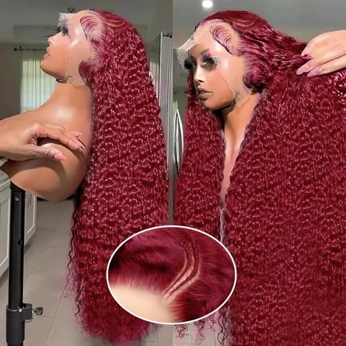 MEGOOD 250% Density Burgundy Wig Human Hair 13X4 99j Burgundy Lace Front Wigs Human Hair 13x4 Braided Wigs For Black Women HD Deep Wave Curly Human Hair Wig with Baby Hair 32 INCH