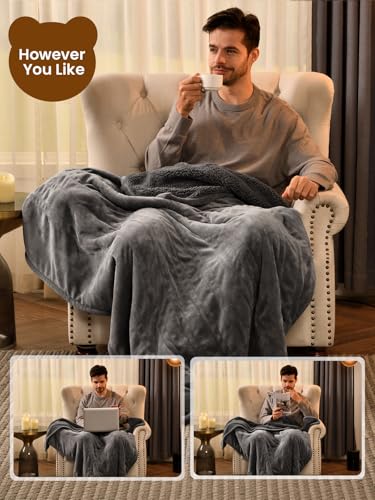 Image of Bearhug Electric Blanket Throw Size, 50 inch x 60 inch Heated Blanket with 6 Heating Levels & 4H Auto Shut-Off, Machine Washable Soft Velvet to Sherpa Reversible Heated Throw for Office, Couch and Sofa, Gray