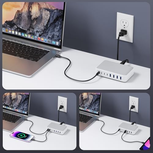 200W Caricatore USB C Multiplo, GaN III 8-Port 65W Laptop Caricabatterie PPS PD QC Alimentatore USB C Multipla Stazione di Ricarica mit USB A per MacBook Air/Pro Laptop iPhone Samsung SteamDeck-Bianco
