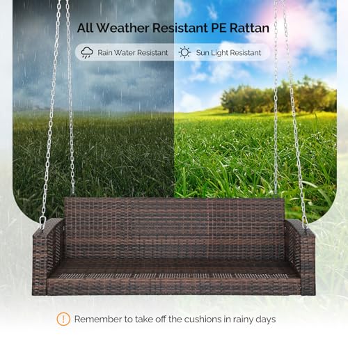 Image of VINGLI 5FT Wicker Swing, Rattan Porch Swing, Outdoor Hanging Seat, Brown