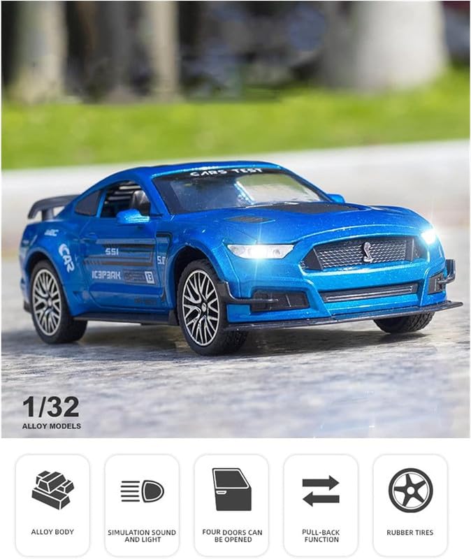 Image of PINQUE Kids New Car 1:32 Mastang Diecast Alloy Metal Pull Back Car with Openable Doors Music Sound and Light Vehicle Toy Car for Boys (Multicolor)