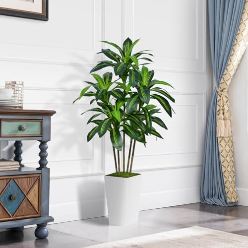 Astidy AD5W Artificial Dracaena Tree 5Ft - Faux Tree With White Tall Planter - Fake Tropical Yucca Floor Plant In Pot - Artificial Silk Tree For Home Office Living Room Decor Indoor thumb #1