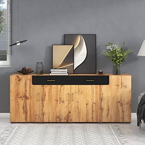 Moimhear Aparador de cocina, armario de almacenamiento, 208 x 39,5 x 80 cm, cómoda con 4 puertas, 2 cajones, buffets (color madera)