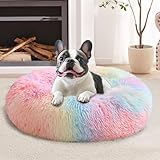 JOLLYVOGUE Calming Dog & Cat Bed for Small Dogs, Anti-Anxiety Donut Cuddler Cozy Soft Round Bed with Anti-Slip Bottom, Fluffy Faux Fur Plush Cushion Beds for Small Medium Dogs, 20'/Rainbow