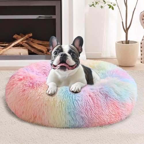 Image of JOLLYVOGUE Calming Dog Bed for Small Dogs - 23 inches Donut Washable Small Dog Bed for Kittens & Puppies, Anti-Slip Round Fluffy Plush Faux Fur Cat Beds (Fits up to 25 lbs Pets, Rainbow)