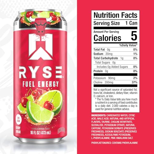 Image of RYSE Fuel Energy Drink - Chicago Bulls Cherry Limeade - Sugar Free - 200mg Natural Caffeine, New Formula to Supports Cognitive Health & Improves Focus - No Artificial Colors - 16 fl oz Cans (12-Pack)