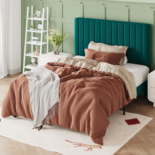 Image of Allewie Twin Bed Frame, Velvet Upholstered Platform Bed with Adjustable Vertical Channel Tufted Headboard, Mattress Foundation with Strong Wooden Slats, Box Spring Optional, Easy Assembly, Teal
