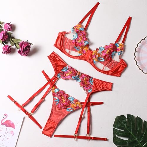 Image of Lilosy Sexy Leaf Floral Embroidered Mesh Sheer Women Underwire Push Up Lingerie Set