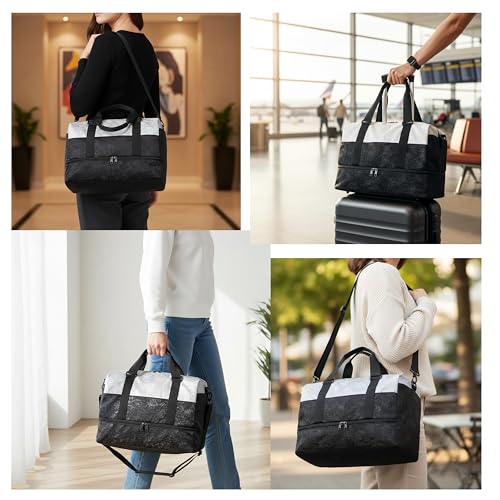 Image of Storite Polyester Duffle Bag with Shoe Compartment, Black /White, 34x23x43cm | Water Resistant, Lightweight, Large Capacity, Spacious Storage, Travel, Gym, Sports, Weekend Trips