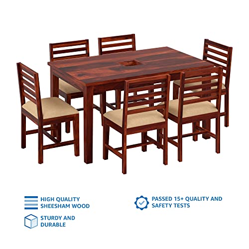 Image of Amazon Brand - Solimo Sheesham Wood Turlock 6 Seater Dining Table With Cushioned Chairs | Durable Wooden Dining Set Furniture for Restaurants, Hotels, Dining Room, Living Room, and Home (Honey Finish)