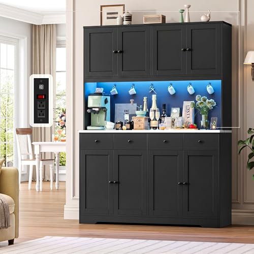 Image of HIFIT 72 inch LED Kitchen Pantry Cabinet with Power Outlet & Cup Hook, Tall Kitchen Hutch Storage Cabinets w /Marble-Patterned Countertop Microwave Stand, Food Pantry w /Door for Dining Living Room, Black