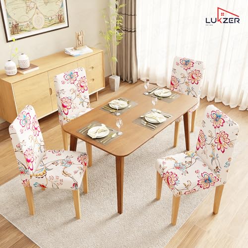 Image of Lukzer 1PC Colorful Flower Stretchable Dining Chair Cover | Universal Fit Removable Washable Slipcover | 140 GSM Polyester + Spandex | Elastic Protective Cover for Home & Hotel Chairs Seat Slipcover