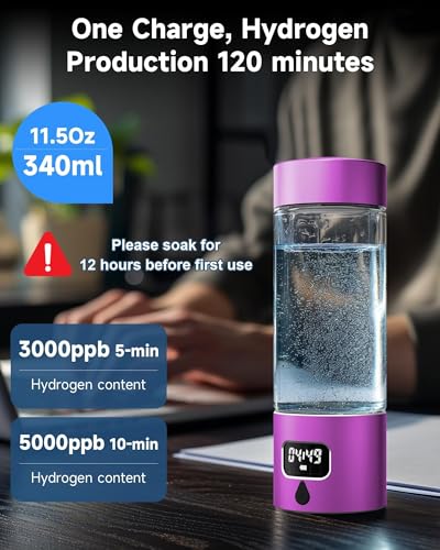 Image of Hydrogen Water Bottle - Portable, Rechargeable, LED Timer, Aluminum and Glass, 5000 PPB Hydrogen in 10 Minutes, for Husband, Father, Friend & Family, for Sports, Home, Office (Purple, 340ml)