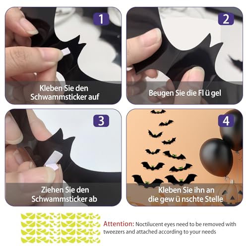 APKOL 48 Pcs Halloween Fledermaus Deko Wand Aufkleber, 4 Größen Gruseliges Schwarz fledermäuse halloween Deko für Fenster Wand, für Halloween Party Outdoor Dekoration Set mit Nachtlicht Augen