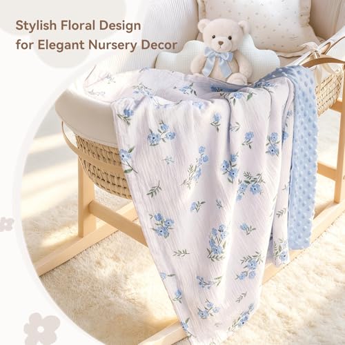 Image of BOPRIO Baby Blankets for Unisex Boys Girls Super Soft Nursery Minky Blankets with Breathable Muslin Cotton Front and 3D Touch Dotted Fleece Backing, Blue Floral Printed Bed Throws Newborn 30 x 40 Inch