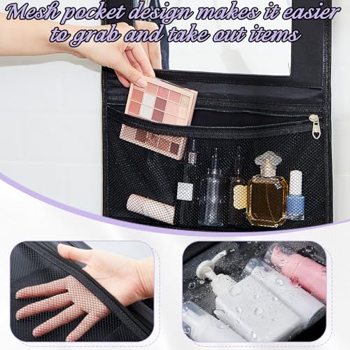 Travel Hanging Toiletry Bag with Mirror Leather Travel Hanging Mirror Foldable Dance Competition Makeup Bag Backstage Cosmetic Organizer for Traveling Dancers Artists Home Spa(Purple)4