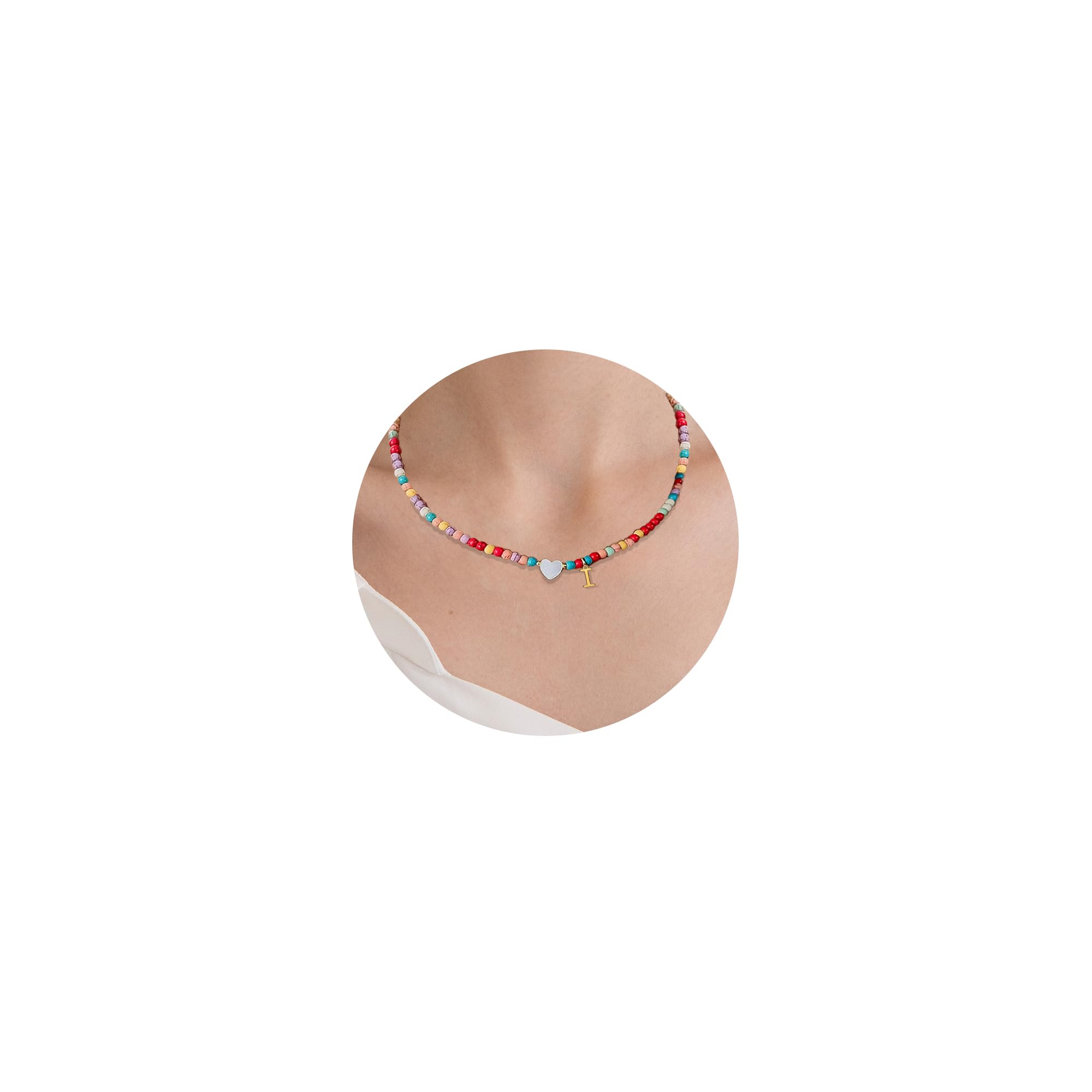 APMGONT Collar De Cuentas De Colores, Bohemio Collar De Cuentas, Collar De Cadena De Cuentas De Arco Iris Con La Inicial A-Z Y Accesorios En Forma De CorazóN Para Las Mujeres NiñAs