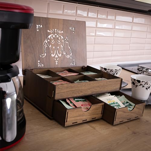 HYRCA Ahşap Çay Kahve Düzenleyici, 6 Bölüm, 2 Çekmece (Gediz)
