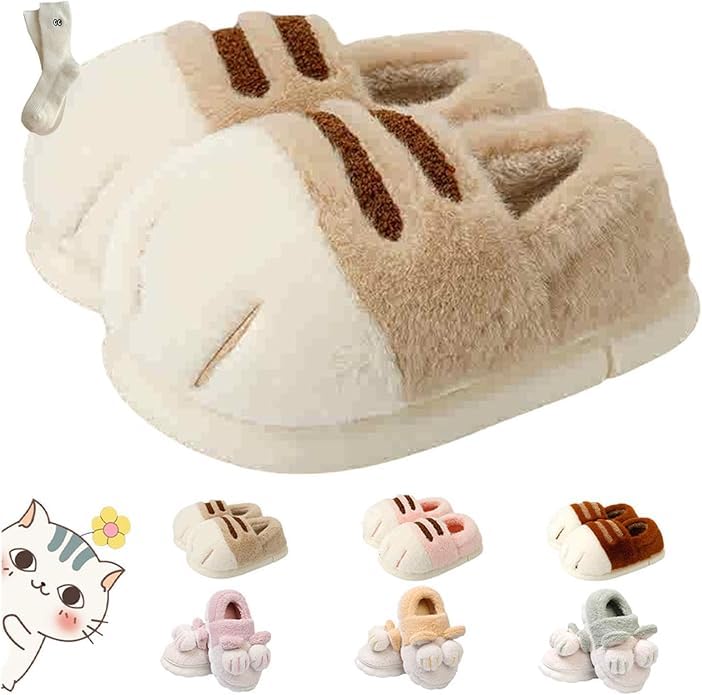 DUOCHSUA Pantuflas acogedoras 3D con forma de pata de gato para mujer, pantuflas de felpa cálidas con espuma viscoelástica para pies de gato (9/10, caqui)