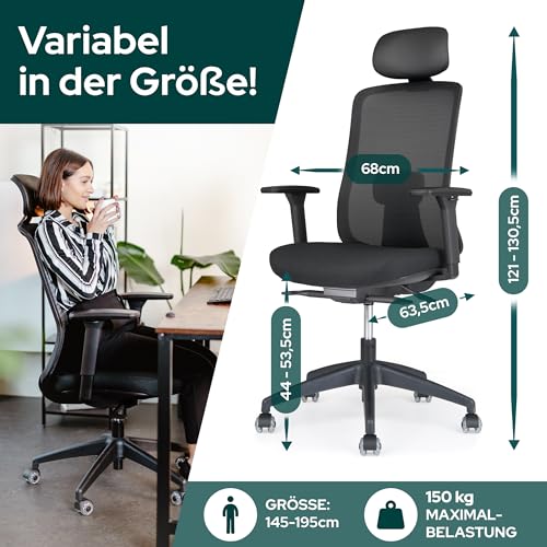 Bürostuhl mit Kopfstütze Schekka – Ergonomischer Schreibtischstuhl mit 3D Armlehnen