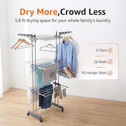 Image of amazon basics 3-Tier Stainless Steel Cloth Drying Stand | Foldable with Wheels | 5.8 ft Drying Space, 26 Rods, 16 Hanger Slots | Indoor & Outdoor Use | 174 cm