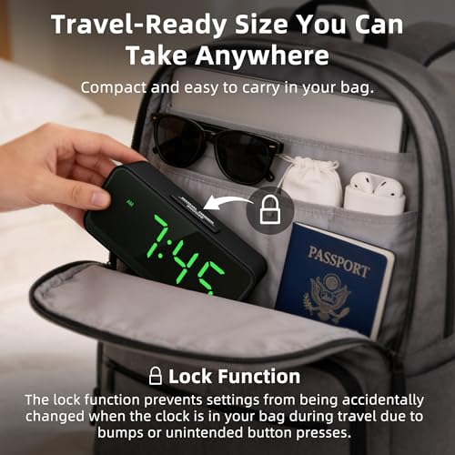 Image of Small Battery Operated Alarm Clock: Long-Lasting Battery Use | Compact Cordless Digital Clock for Bedrooms Desks and Travel - Easy to See with Auto Brightness for Seniors (Green Digits)