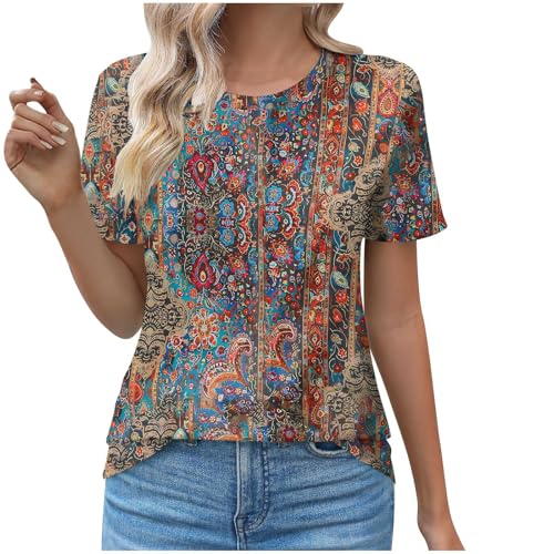 Camisetas casuales de manga corta para mujer, cuello redondo, plisadas, a la moda, elegantes, blusas tipo túnica, camisetas con estampado floral, Marrón 31, S