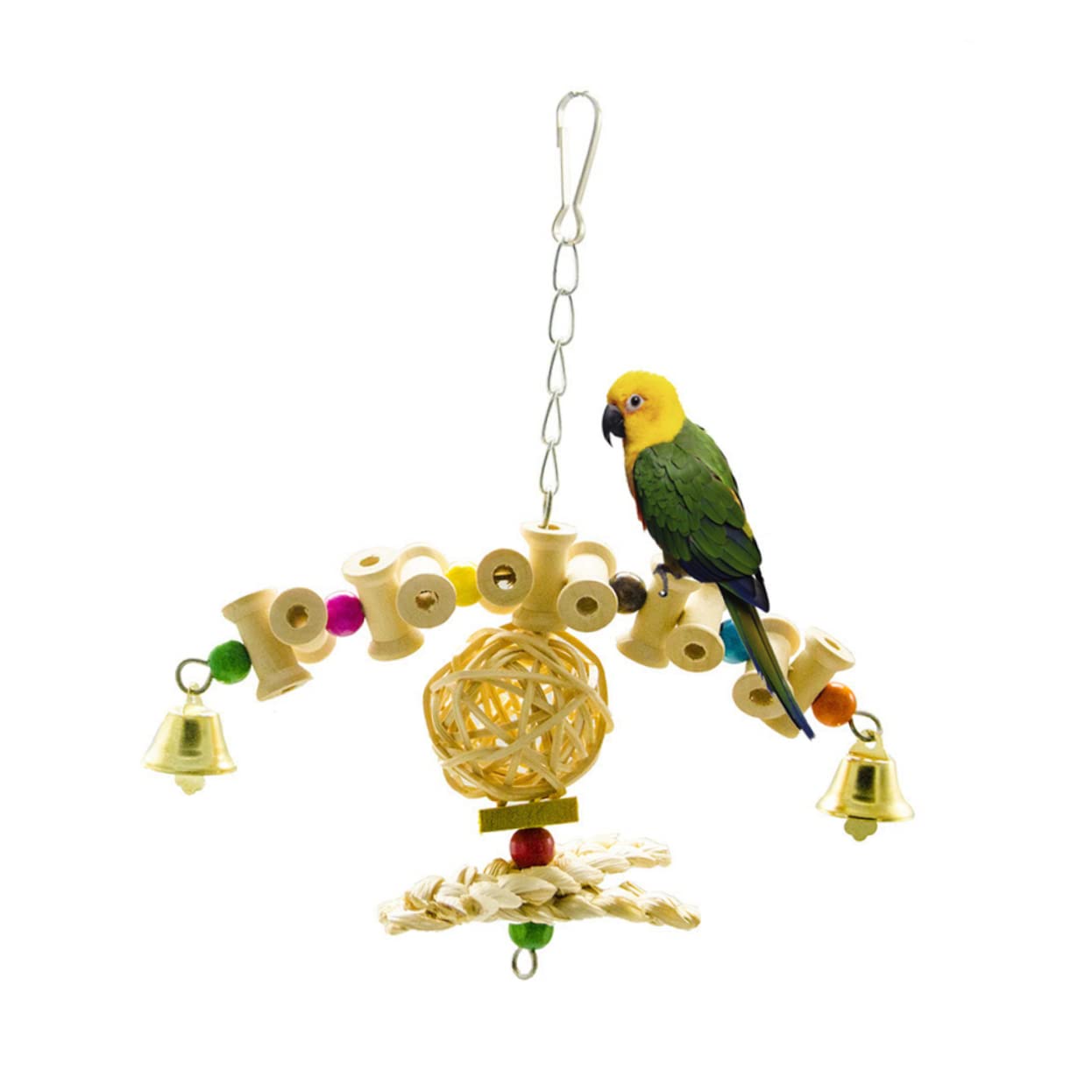 ERINGOGO Wooden Parrot Swing with Rattan Ball and Colorful Bell Hanging Bird for Cockatiels Parakeets and Lovebirds Durable Rope and Buckle for Cage