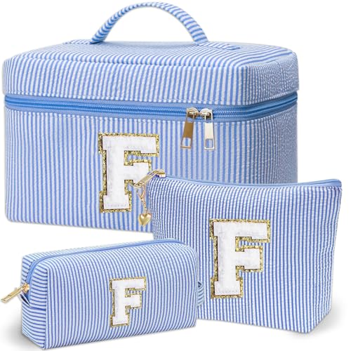Personalized Monogram Makeup Bag, 3PCS Custom Monogrammed Toiletry Cosmetic Bag for 6-18 Teen Girls Women,Birthday Graduation Gifts Initial Pouch Makeup Bags for Women Girls, Make Up Bag (F, Blue)